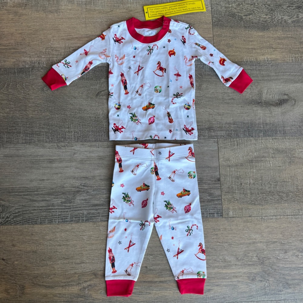 New LAKE Pajamas Baby Long-Long Set Christmas Holiday Ornament Pima Cotton 9-12M
